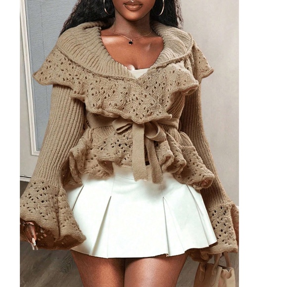 Classic Ruffle Detail Bell Sleeve Belted Knit Cardigan Sweater - Picture 3 of 7